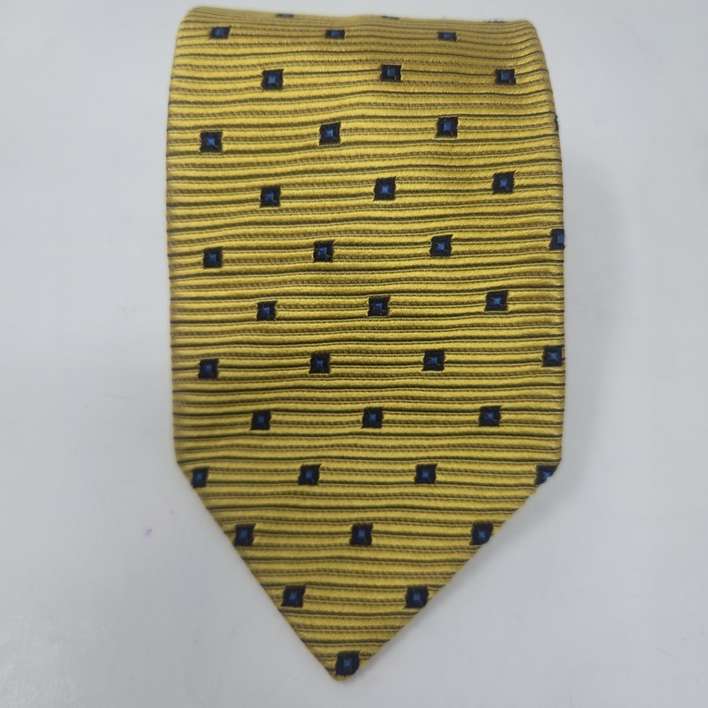 Barneys New York Mens 100% Silk Tie Gold Navy Blue Geometric Made In Italy